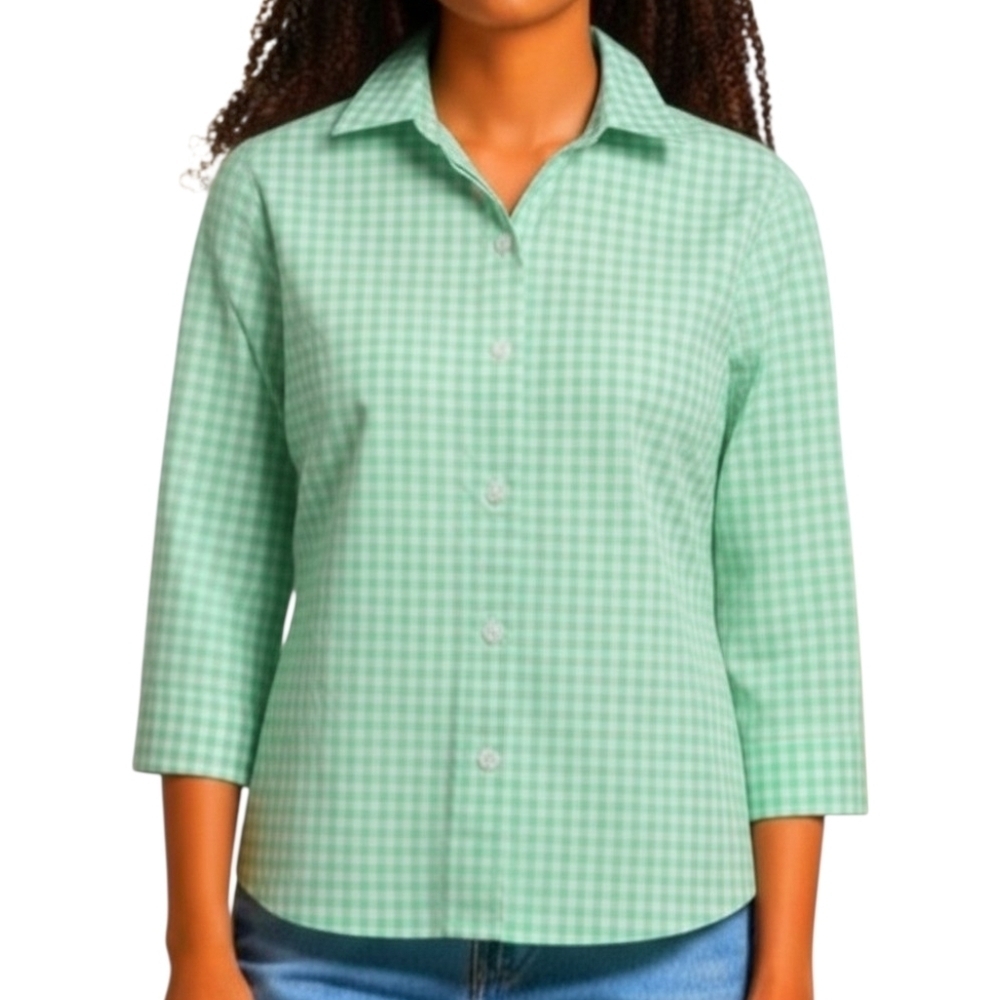 Nina Mclemore Seersucker Green Gingham Plaid Button-Up Blouse  Women Size Medium